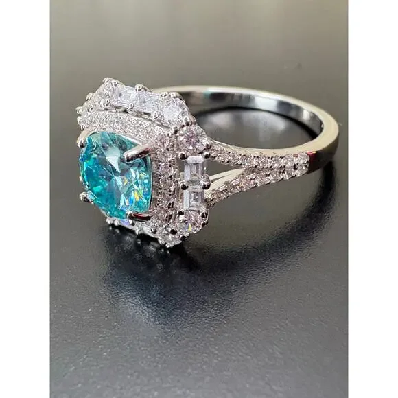Stunning 2ct Aquamarine & White Moissanite Sterling Ring - Picture 8 of 9